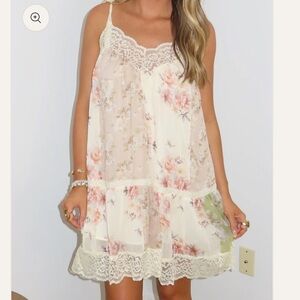 By Together Floral Lace Trim Slip Dress in Cream with Pink Roses